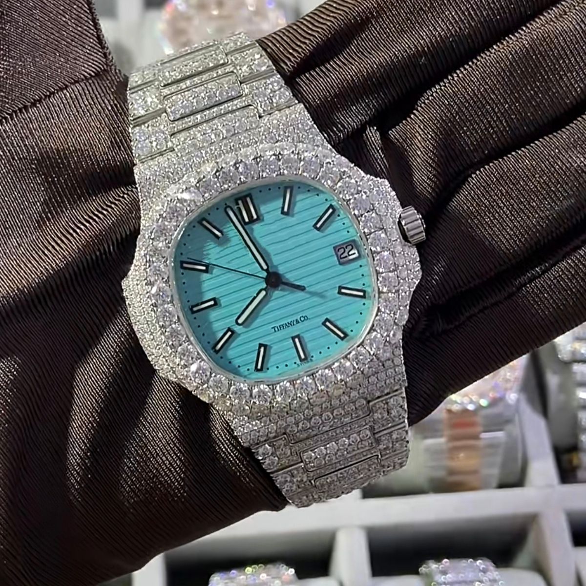Luxury Tiffany Blue Dial Iced-Out Patek Philippe Style Watch | Moissanite Diamond Bling | Nautilus Look