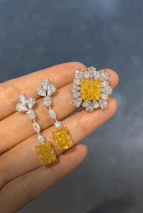 Fancy yellow moissanite diamonds jewelry set cushion cut flower yellow diamonds rings drop earrings