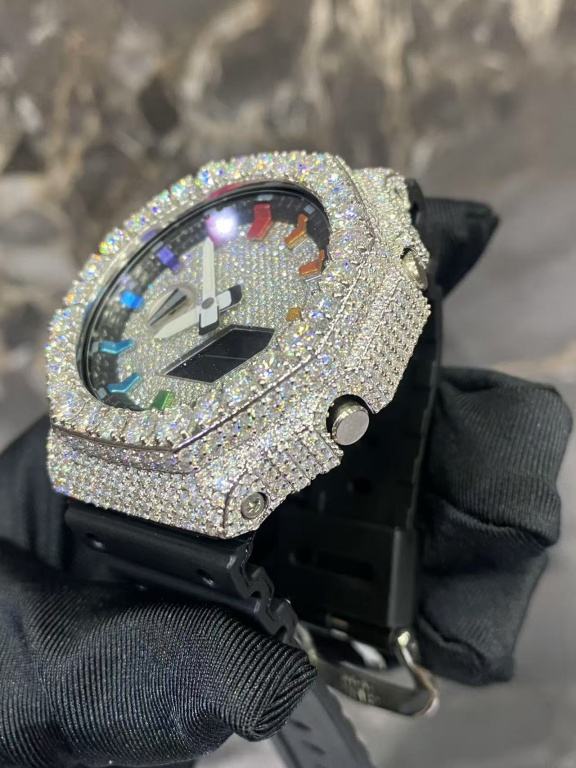 Luxury Iced Out Rainbow G-Shock Style Watch | Dual Display | Full Moissanite Diamond | Men's Digital Analog Bling