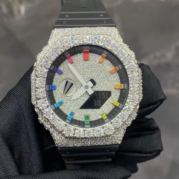 Luxury Iced Out Rainbow G-Shock Style Watch | Dual Display | Full Moissanite Diamond | Men's Digital Analog Bling