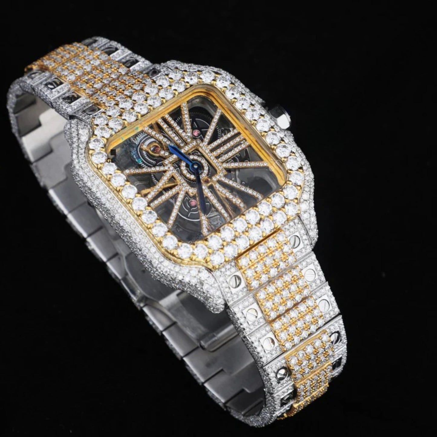 Cartier Santos Style Full Iced Out Watch for Men | Moissanite Diamond Luxury Bling | 42mm Silver Quartz