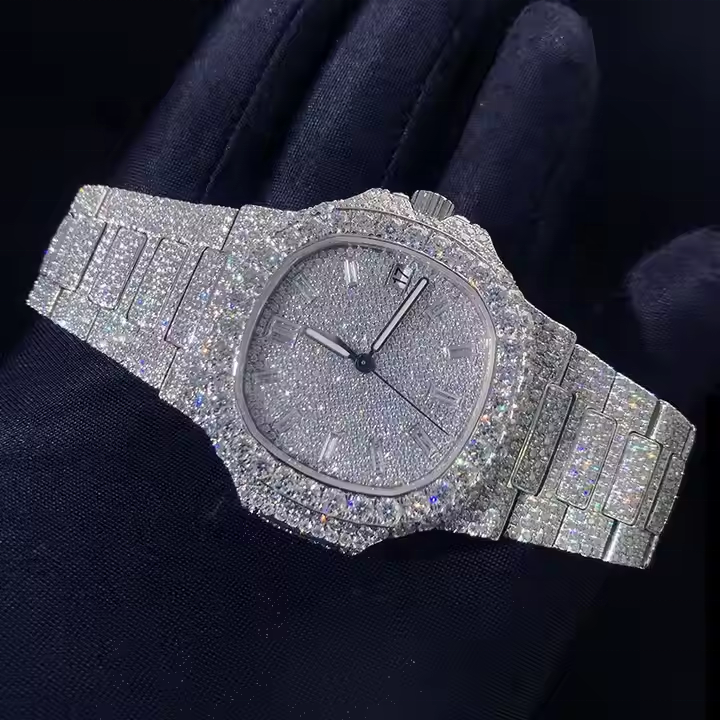 Luxury Full Iced-Out Patek Philippe Style Watch | Moissanite Diamond Bling | Roman Dial | Nautilus-Inspired Design